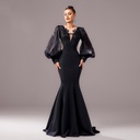 Long-sleeve, round-neck sheath dress with applique detailing and a fishtail hem