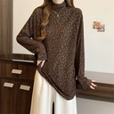 Leopard Pattern Long Sleeve Top with Semi-high Collar