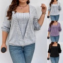 Women's Solid Color V-Neck Long Sleeve Blouse with Faux Two-Piece Design