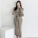 Knitted Long-Sleeve Dress with Contrast Waist Tie