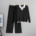 Two-Piece Set: Knitted Polo Collar Sweater with Wide-Leg Pants