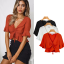 Women’s Short V-Neck Blouse with Ruffled Sleeves