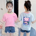 Girls Short-sleeved T-shirt Striped T-shirt Western Style Cartoon Print Top