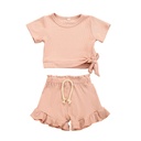 Girls' suit summer solid color short-sleeved round neck blouse lace lace shorts candy color Korean children's suit tide