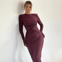 Solid Color Round Neck Right-angle Shoulder Bell Sleeve Pleated Slim-fit Sheath Ladies Dress