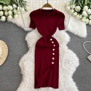 Solid Color Round Neck Breasted Short Sleeve Stretch Knitted Slit Sheath Dress