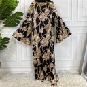 An elegant and modern long satin dress, adorned with floral patterns 