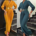 Pure Color Small V Lapel Temperament Commuter Dress With Belt