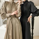 Temperament High-neck Gloss Single-breasted Lace-up Waist Lantern Sleeve Over-the-knee Dress