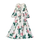 French Dress Goddess Fan Elegant Print Puff Sleeve Slim Long Dress Skirt
